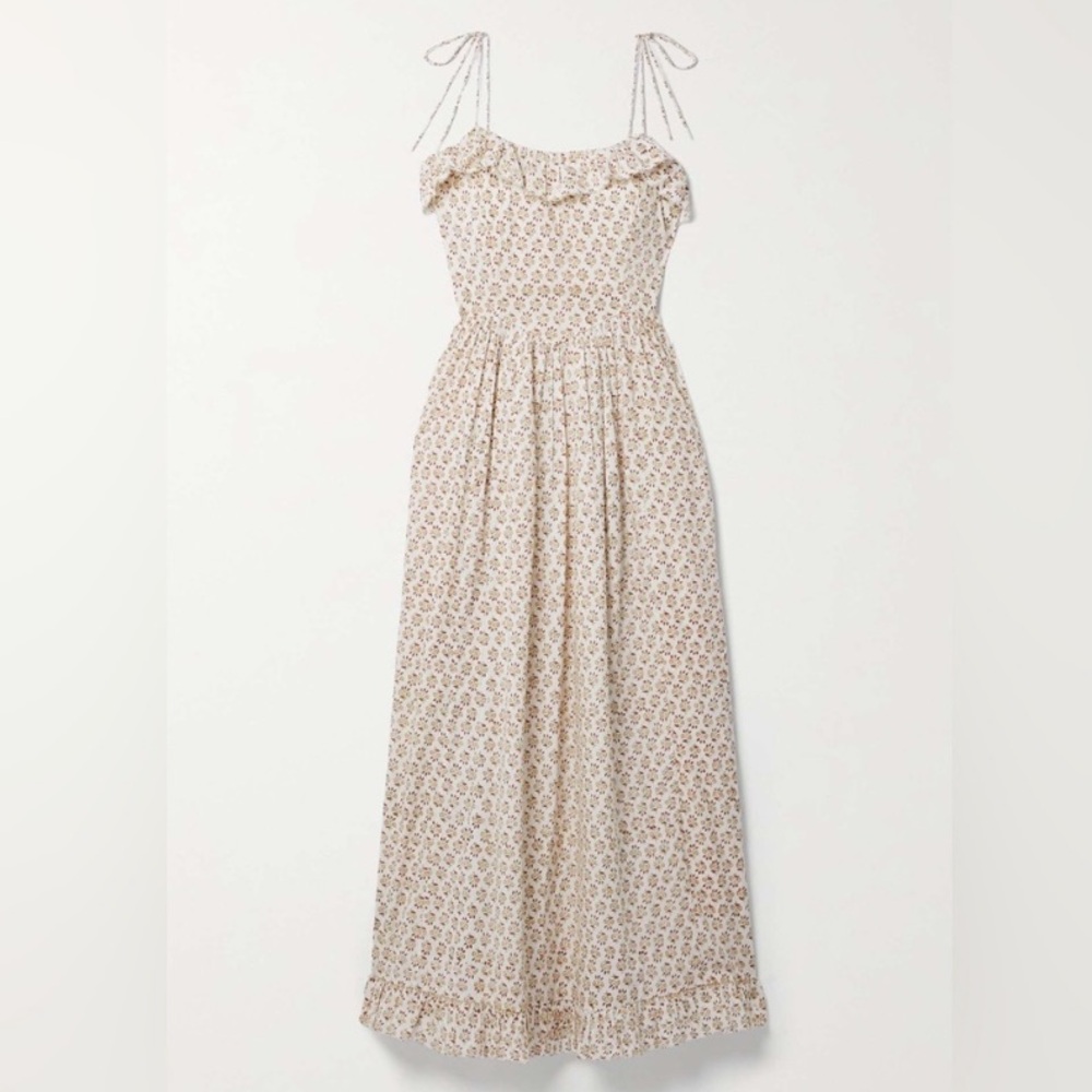 Doen Wendelin Cotton Ruffle Tie Bow Strap Midi Dress Spring Elderberry Floral - Picture 13 of 14